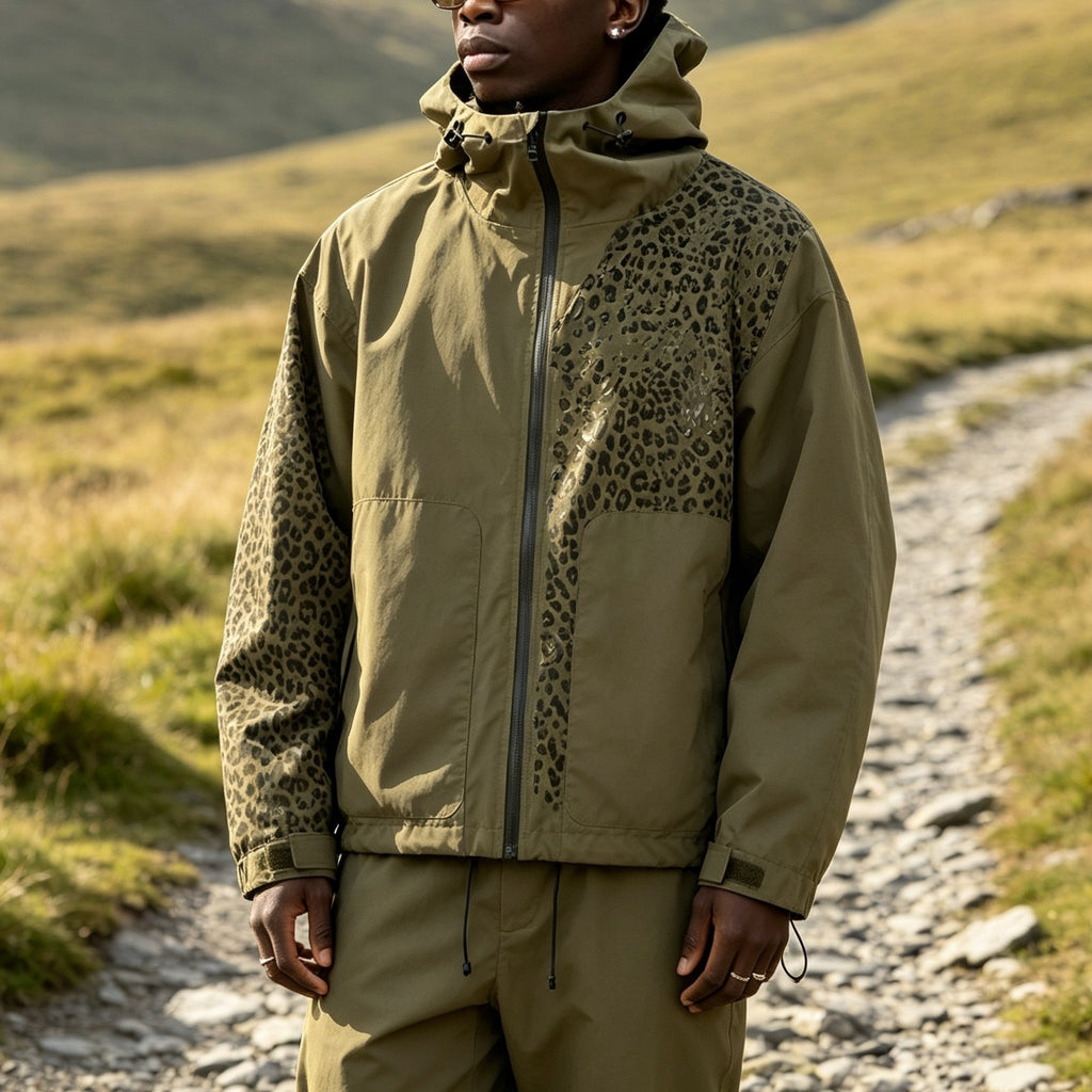 Water-reactive cheetah rain jacket