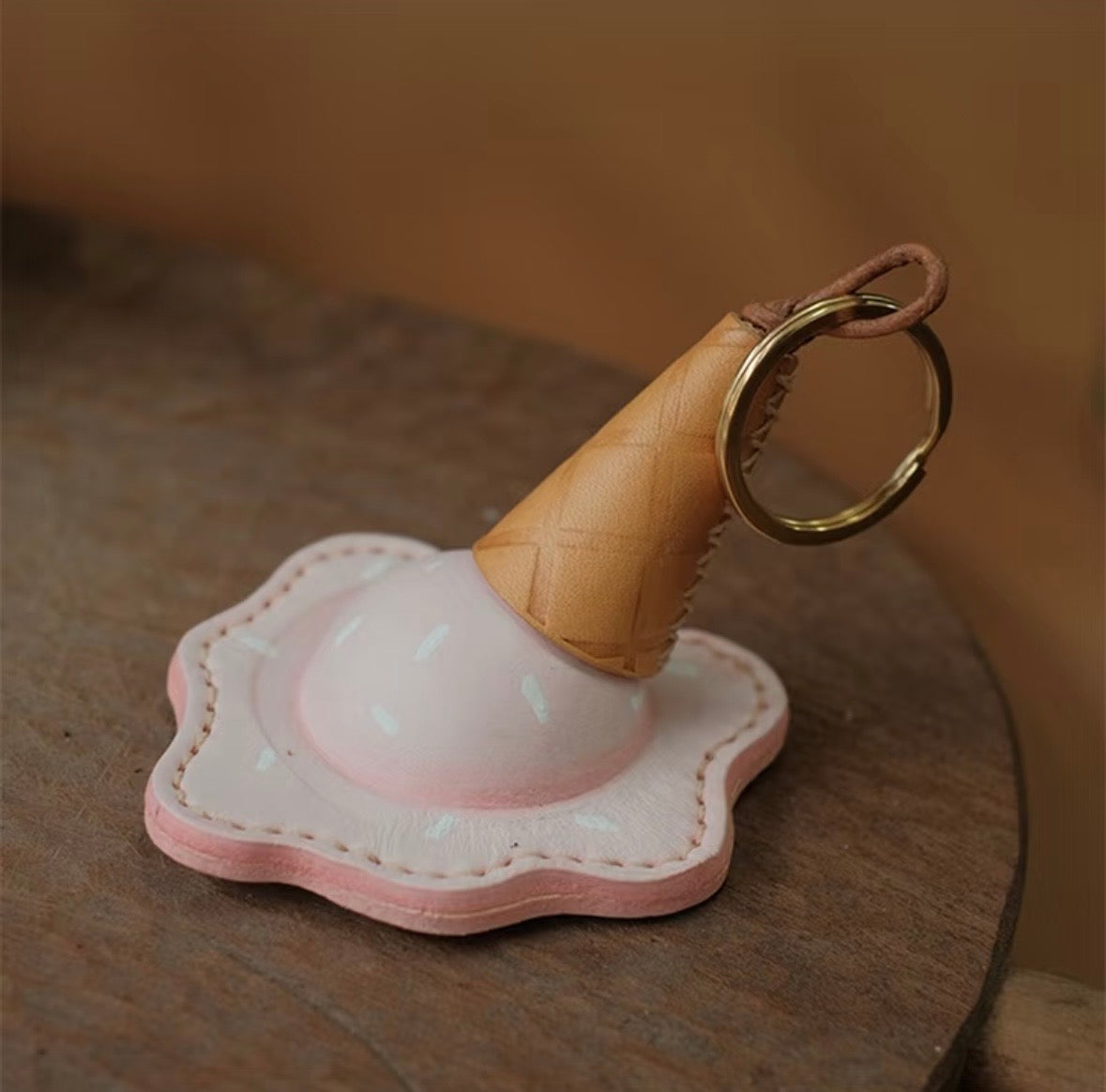 Handmade Leather Ice Cream Charm Keychain