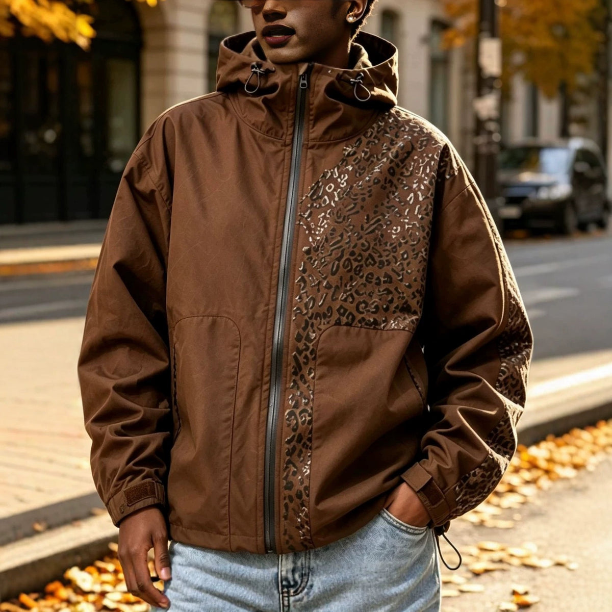 Water-reactive cheetah rain jacket