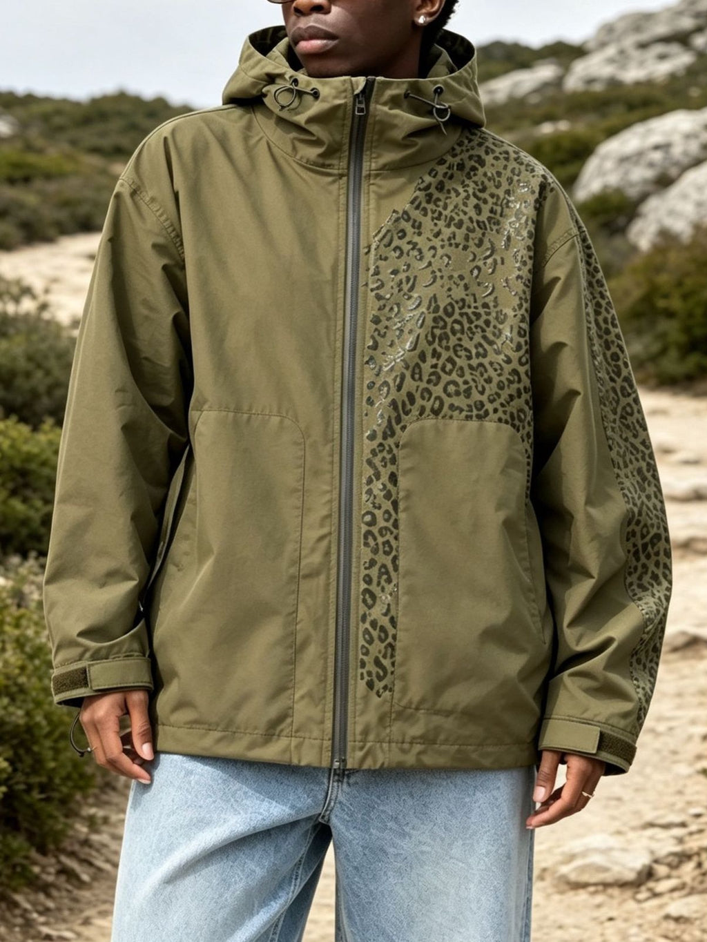 Water-reactive cheetah rain jacket