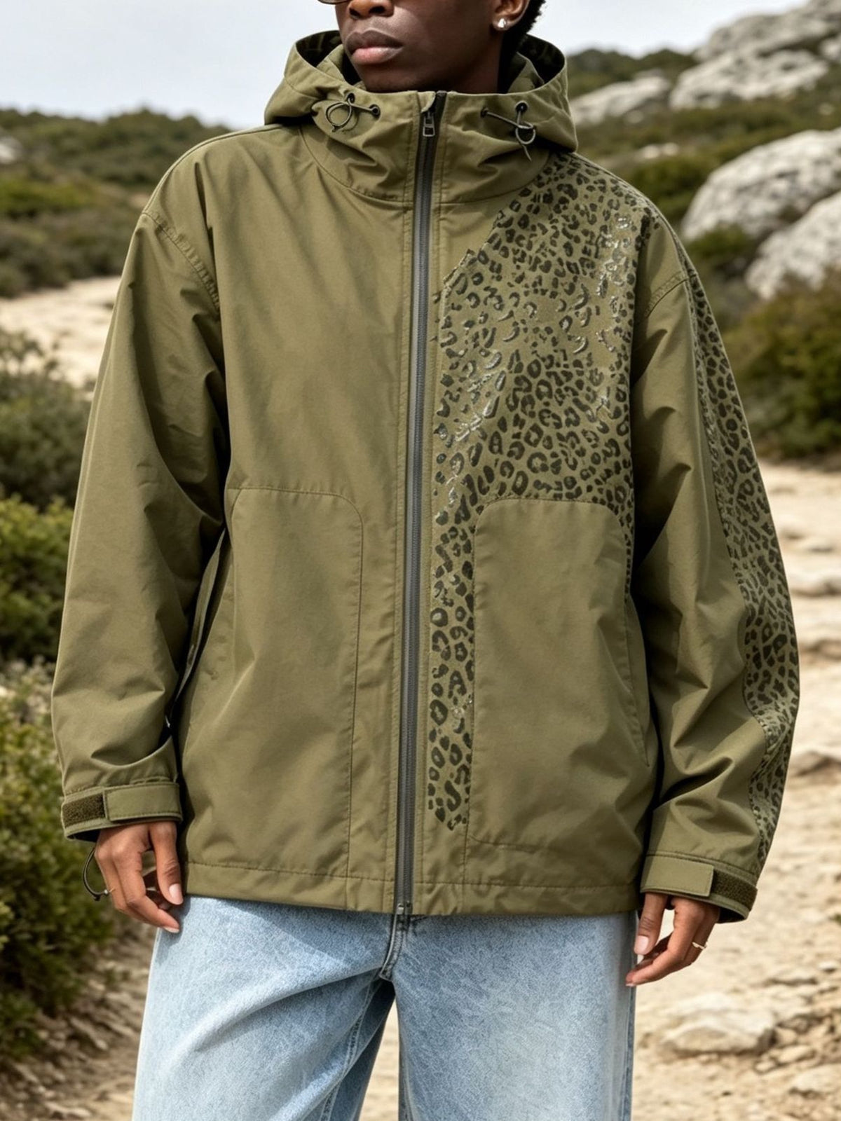 Water-reactive cheetah rain jacket