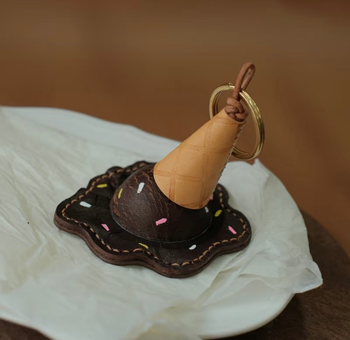 Handmade Leather Ice Cream Charm Keychain