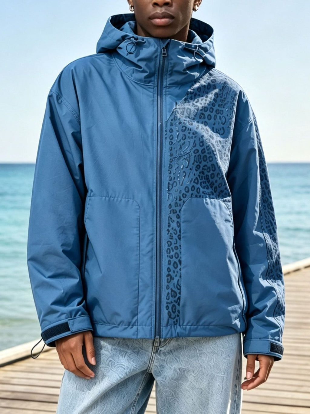 Water-reactive cheetah rain jacket