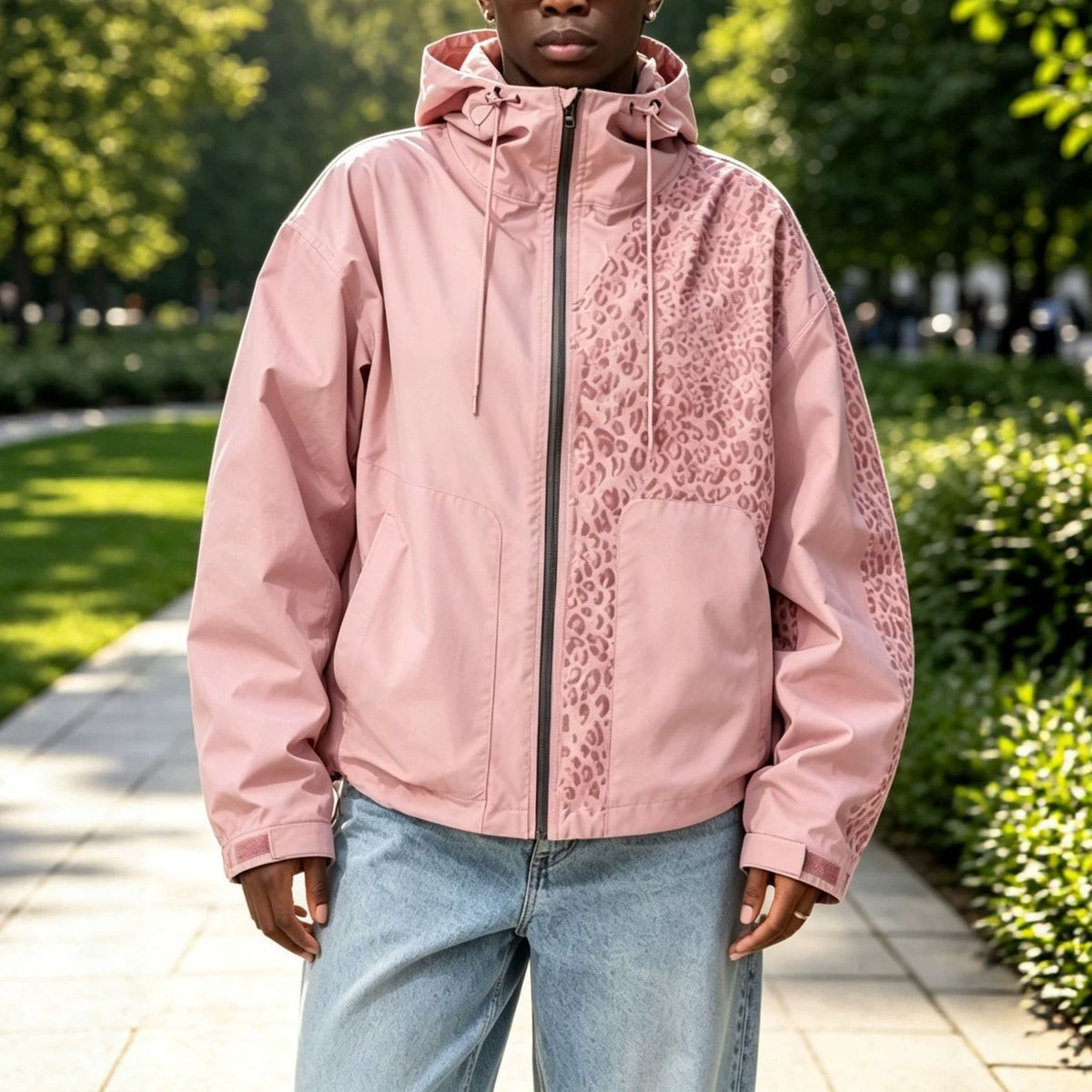 Water-reactive cheetah rain jacket