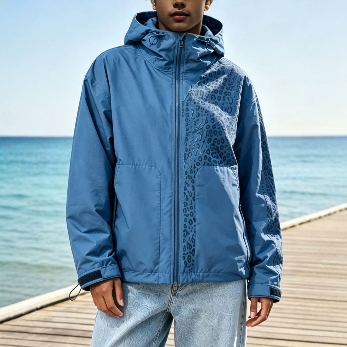 Water-reactive cheetah rain jacket