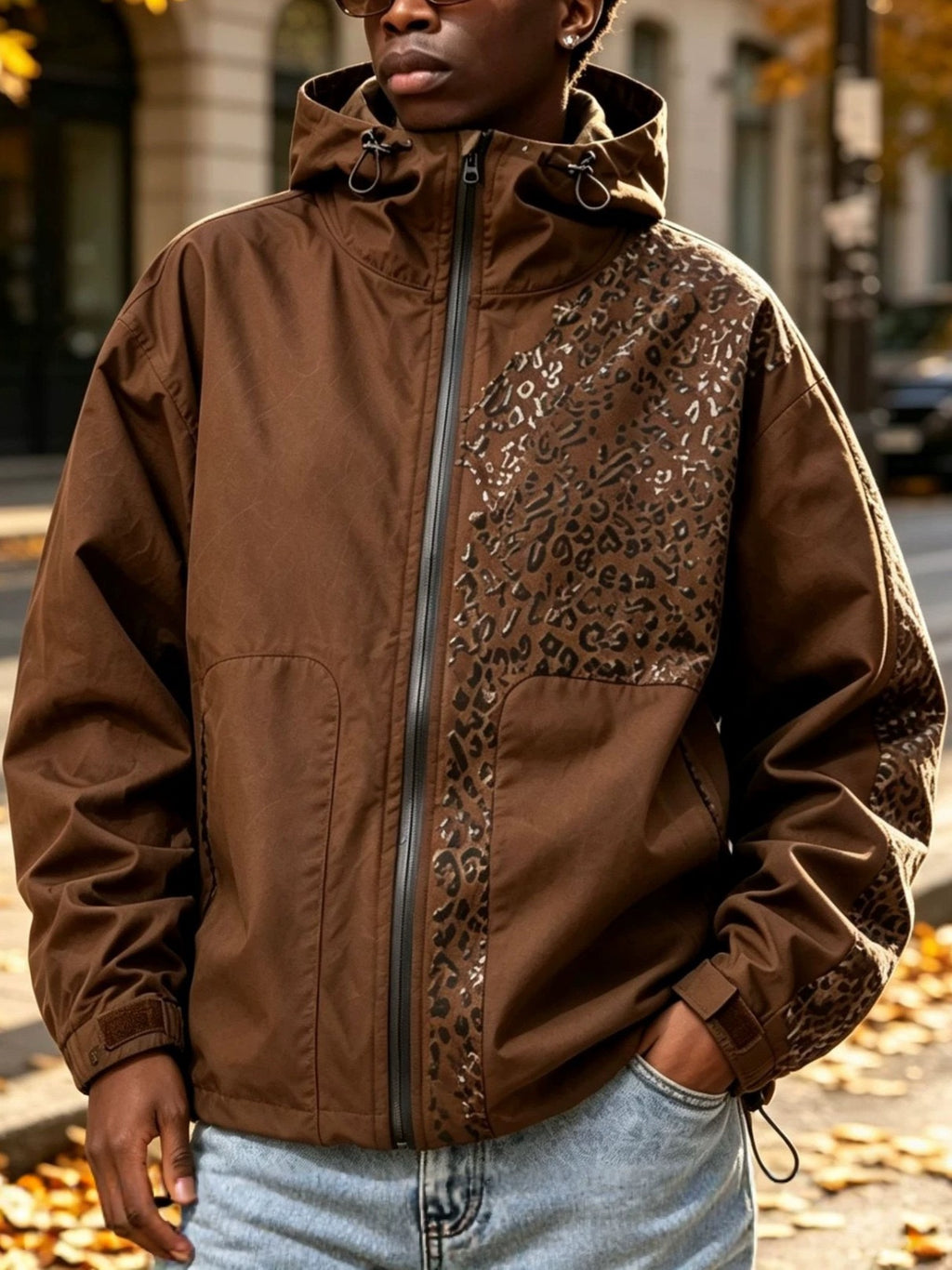 Water-reactive cheetah rain jacket