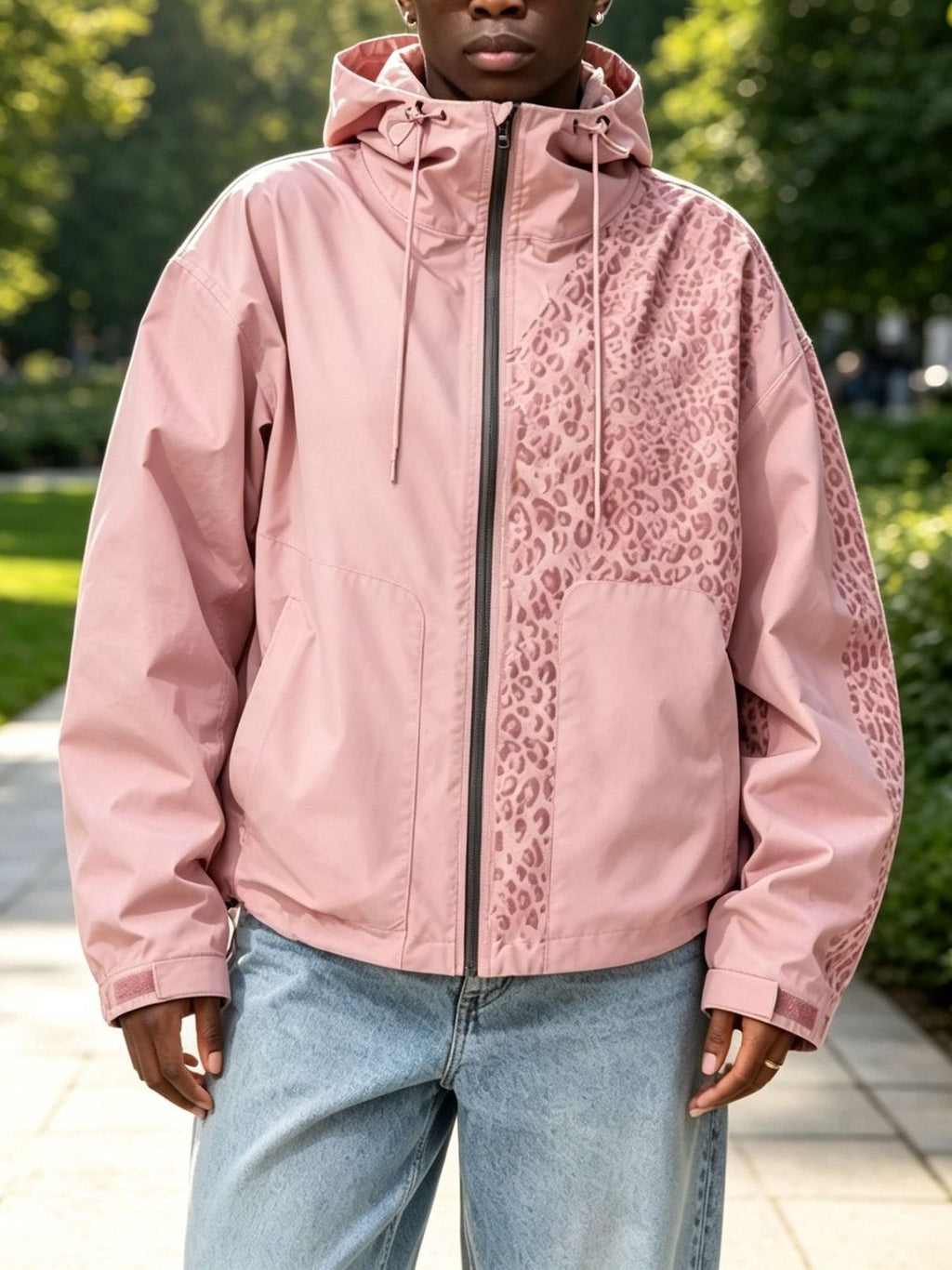 Water-reactive cheetah rain jacket