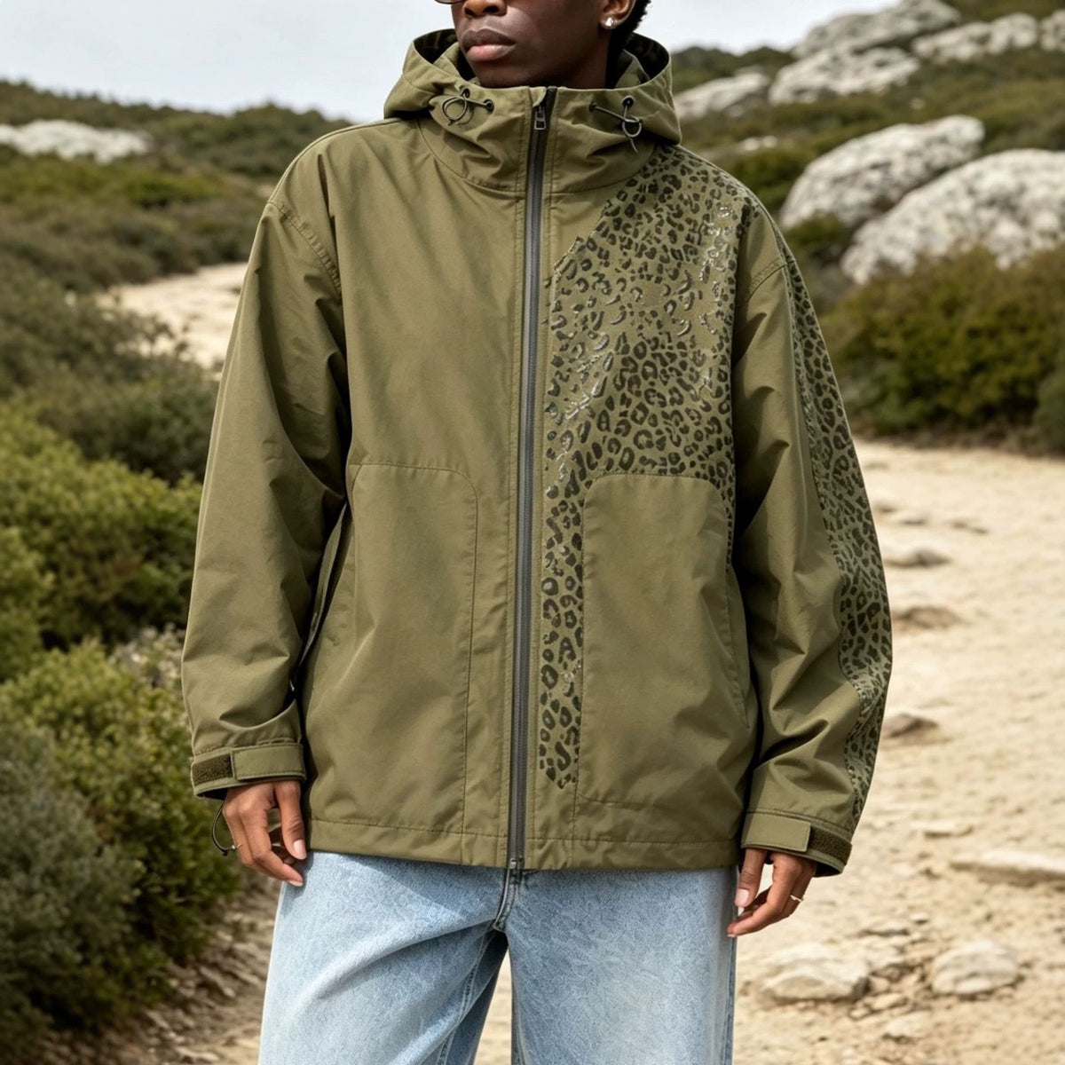 Water-reactive cheetah rain jacket