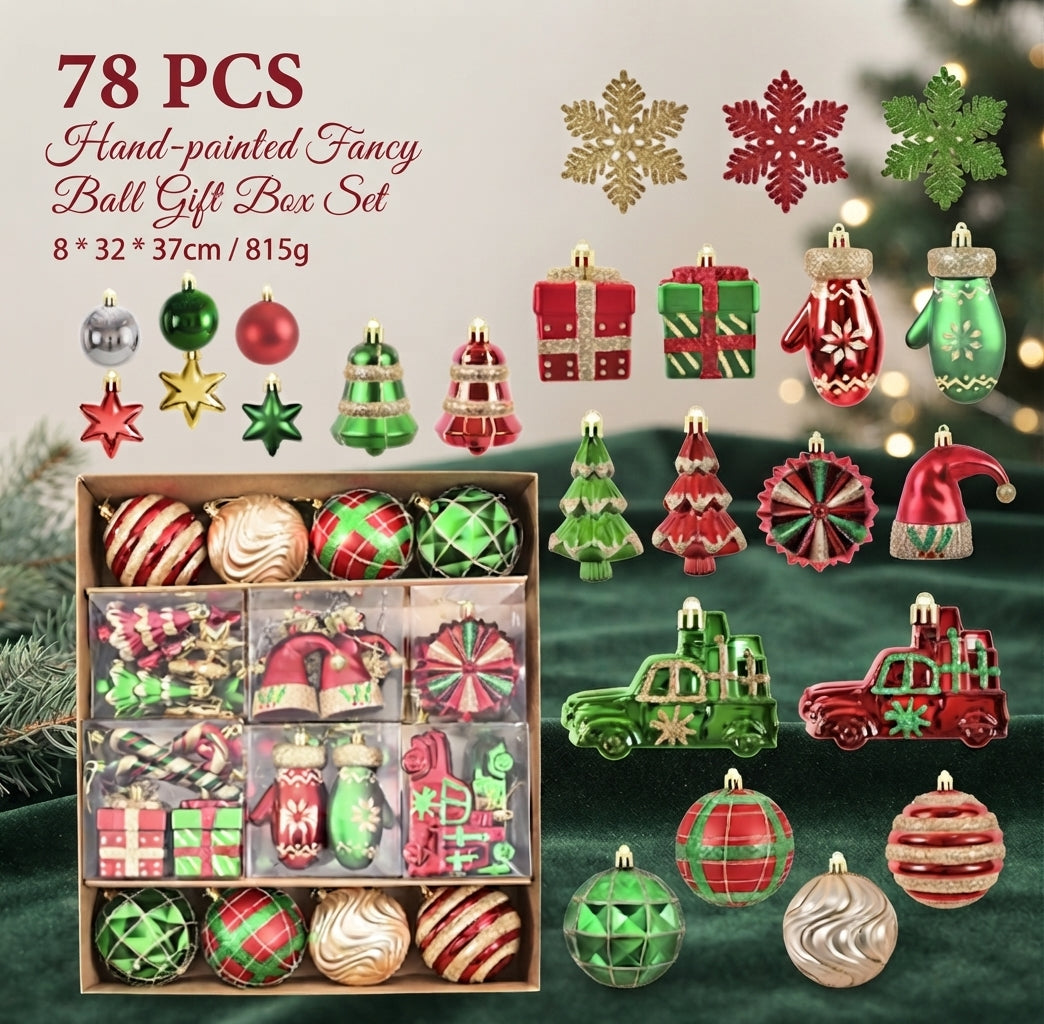 78-Piece Hand-Painted Christmas Ornament Set – Assorted Shapes Gift Box