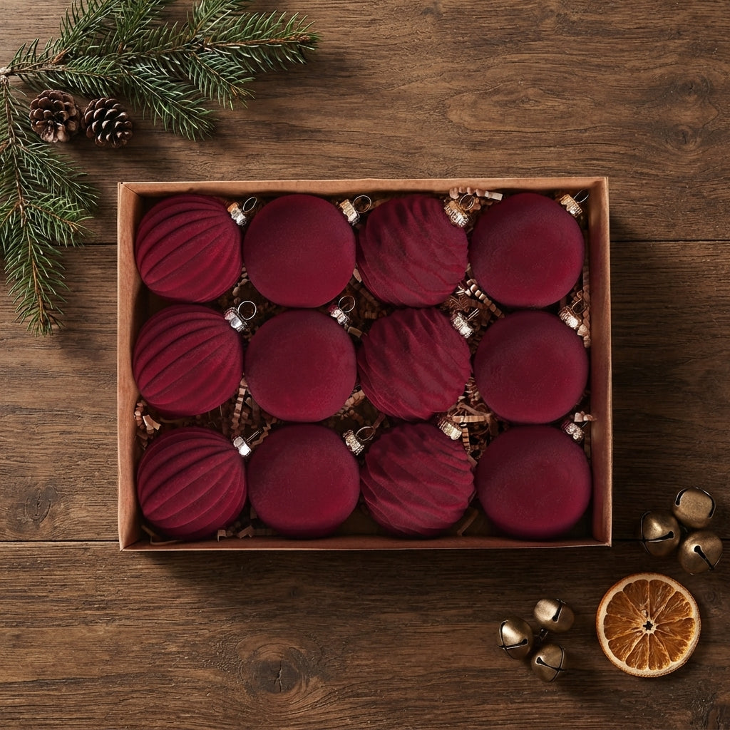 12-Piece Velvet Christmas Ball Set – Smooth & Ribbed Mix