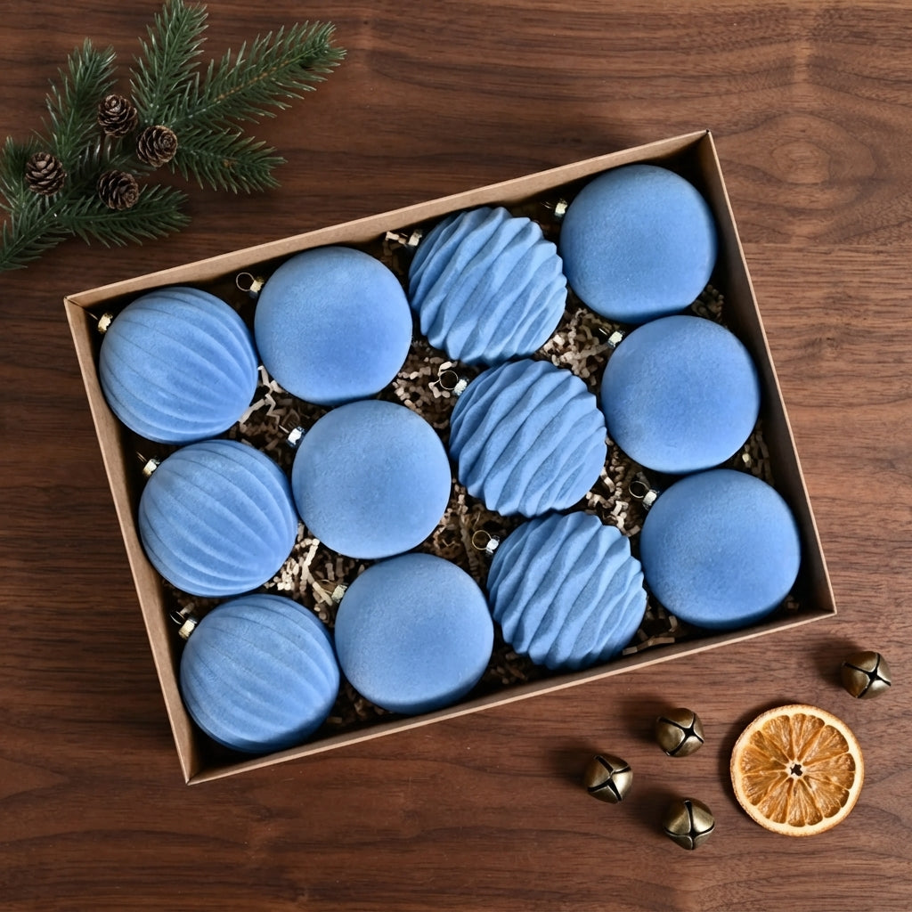 12-Piece Velvet Christmas Ball Set – Smooth & Ribbed Mix