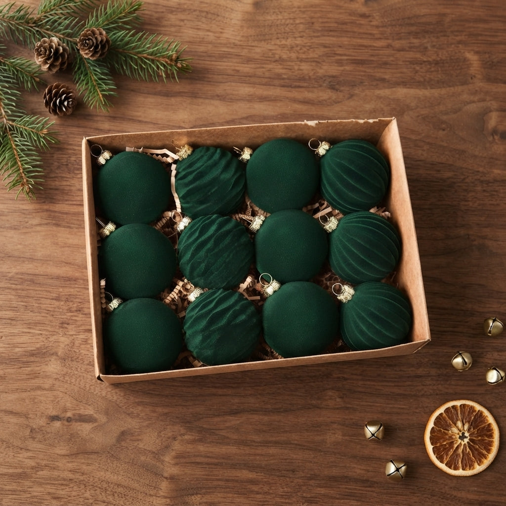 12-Piece Velvet Christmas Ball Set – Smooth & Ribbed Mix