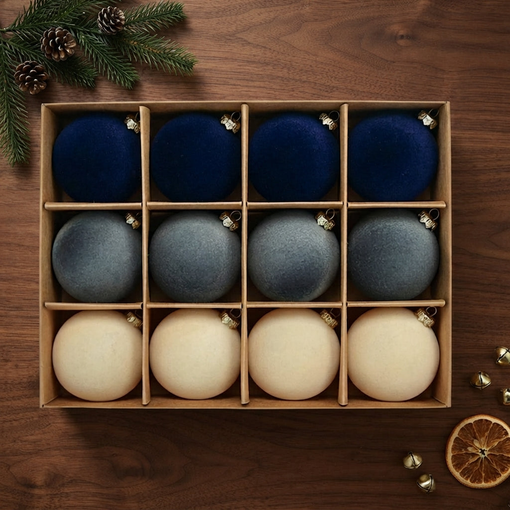 12-Piece Velvet Matte Christmas Ball Set – Tonal Trio Gift Box