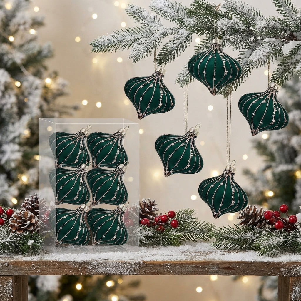 6-Piece Star-Swirl Onion Christmas Ornaments – Velvet & Glitter