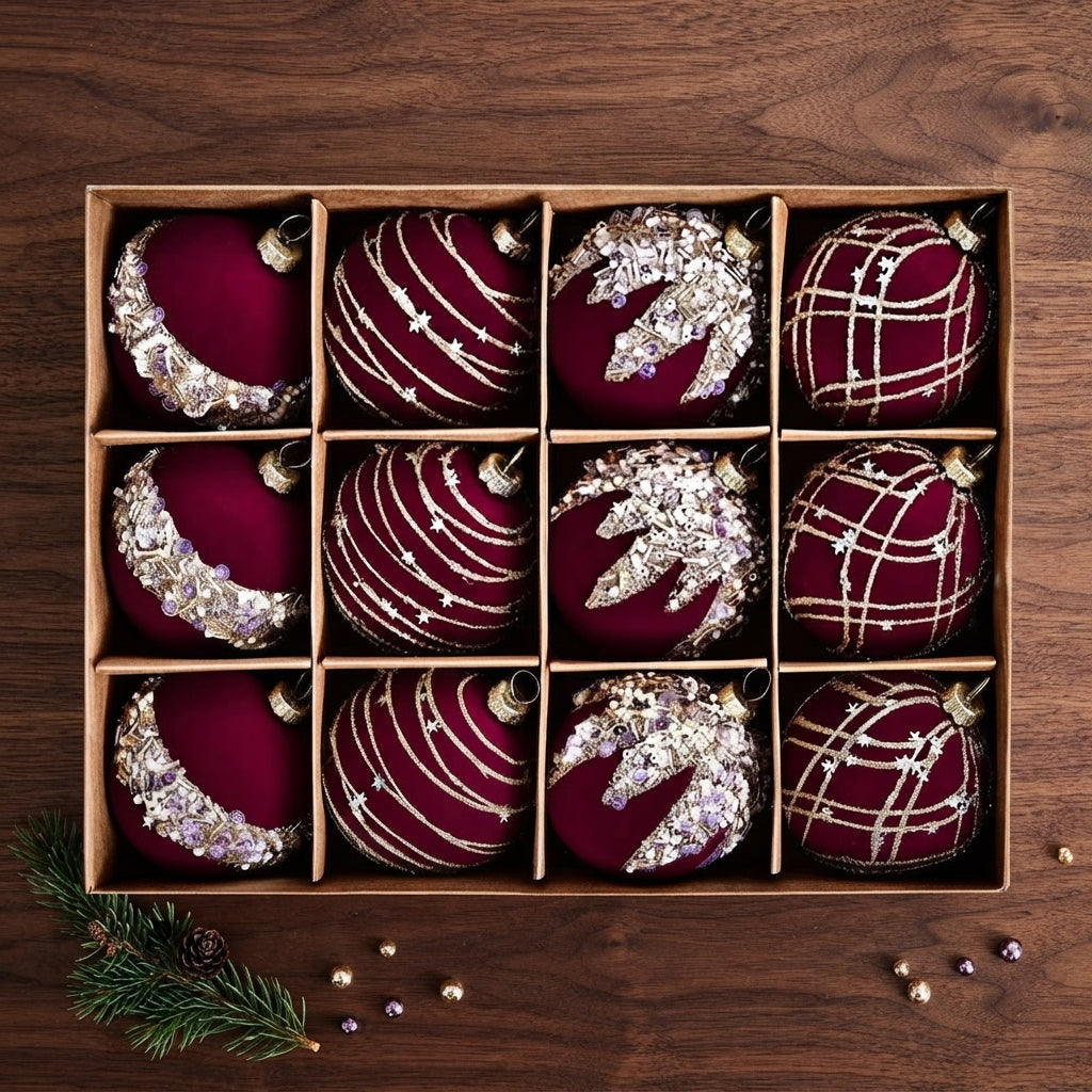 12-Piece Embellished Christmas Ball Set – Mixed Finish Gift Box