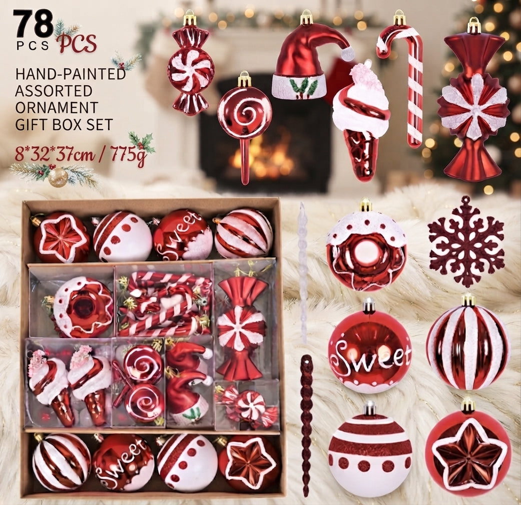 78-Piece Hand-Painted Christmas Ornament Set – Assorted Shapes Gift Box
