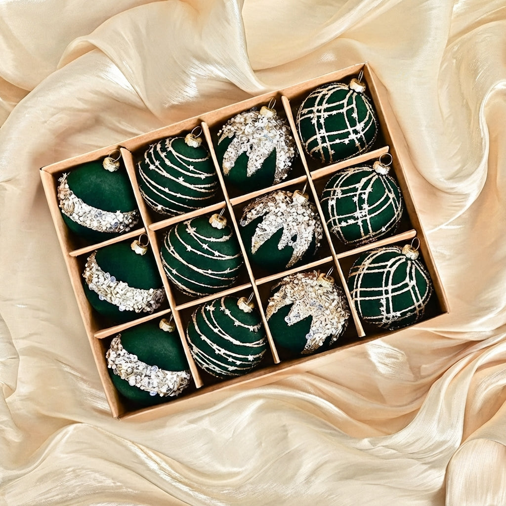 12-Piece Embellished Christmas Ball Set – Mixed Finish Gift Box